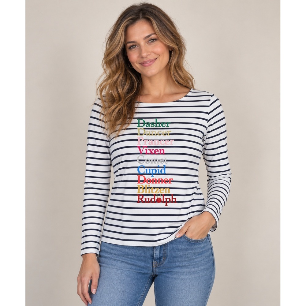 NWT Boden T-Shirt Womens 6 Navy Stripe Reindeer Holiday Cotton J0537 Christmas
